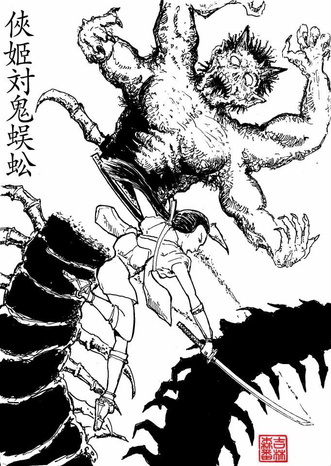 Combat d'un héros face à un oni (noir et blanc)