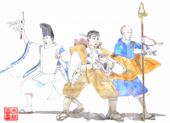 Trois prêtres : shinto, bouddhiste et yamabushi ©Sylvain jolivalt - Ne pas reproduire ou exploiter sans autorisation