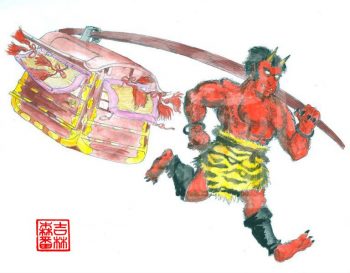 Oni rouge portant un palanquin